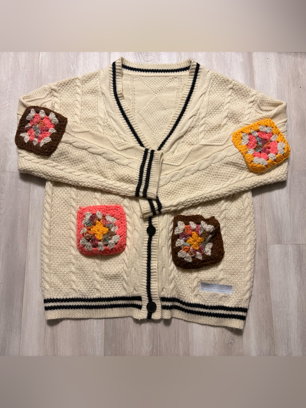 Cream Cable Knit Cardigan with Multicolor Crochet Squares
